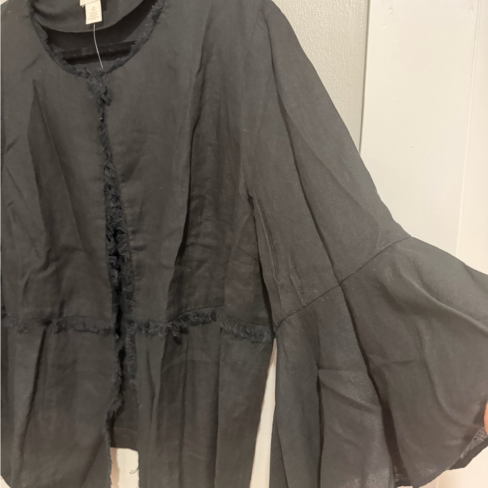 Chico's Linen Black Fringe Trim Bell-Sleeve Jacket - Picture 4 of 16